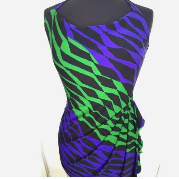 BCBG MAXAZRIA Ruched Halter Dress Size Large Zebra Print Blue Green Cocktail - Picture 4 of 6